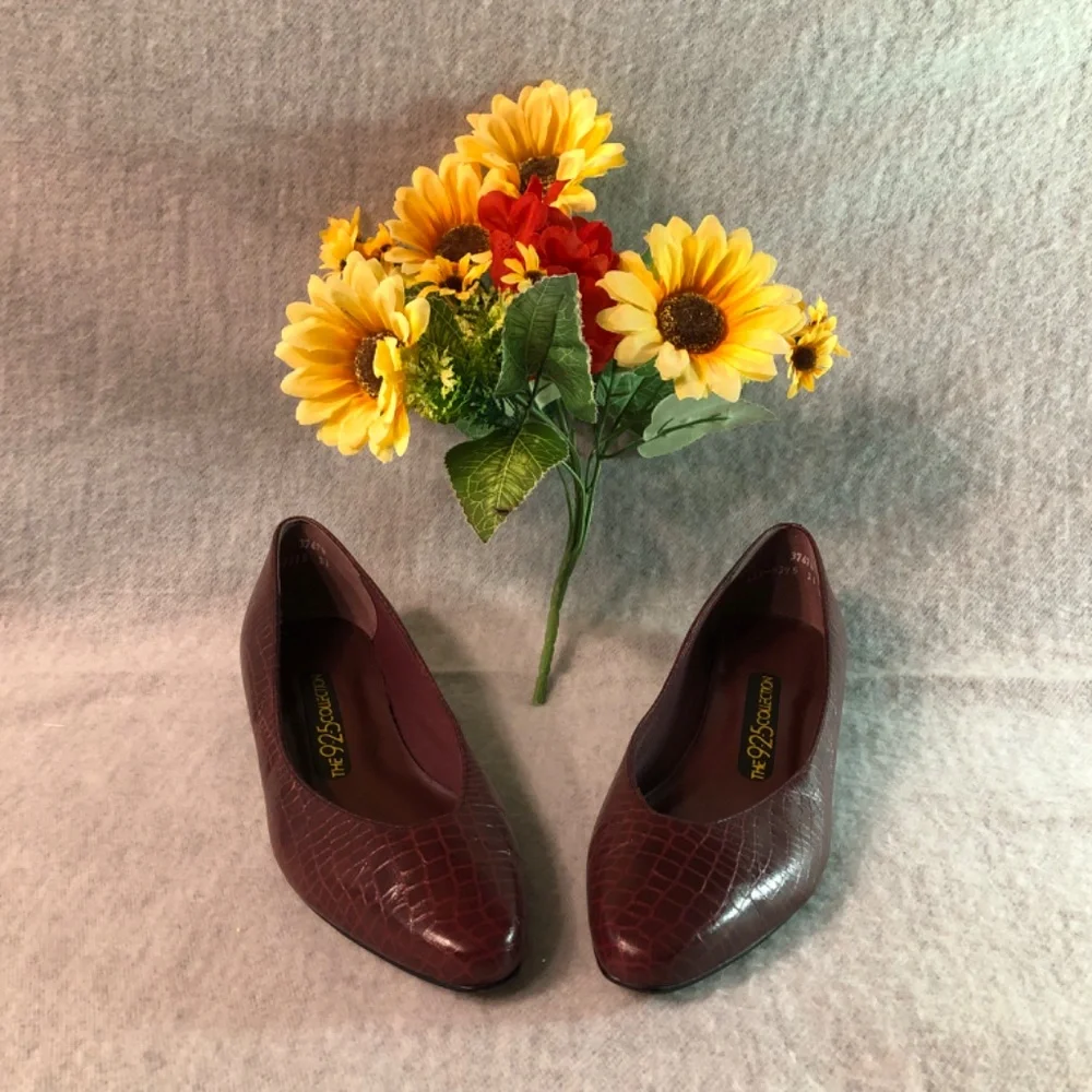 Burgundy ‘Crocodile’ Low-Heel Pumps - Picture 14 of 16